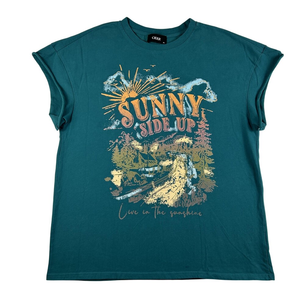 Cider Shirt Womens XL Blue Sunny Side Up Graphic Tee T-Shirt Relaxed Fit Camping